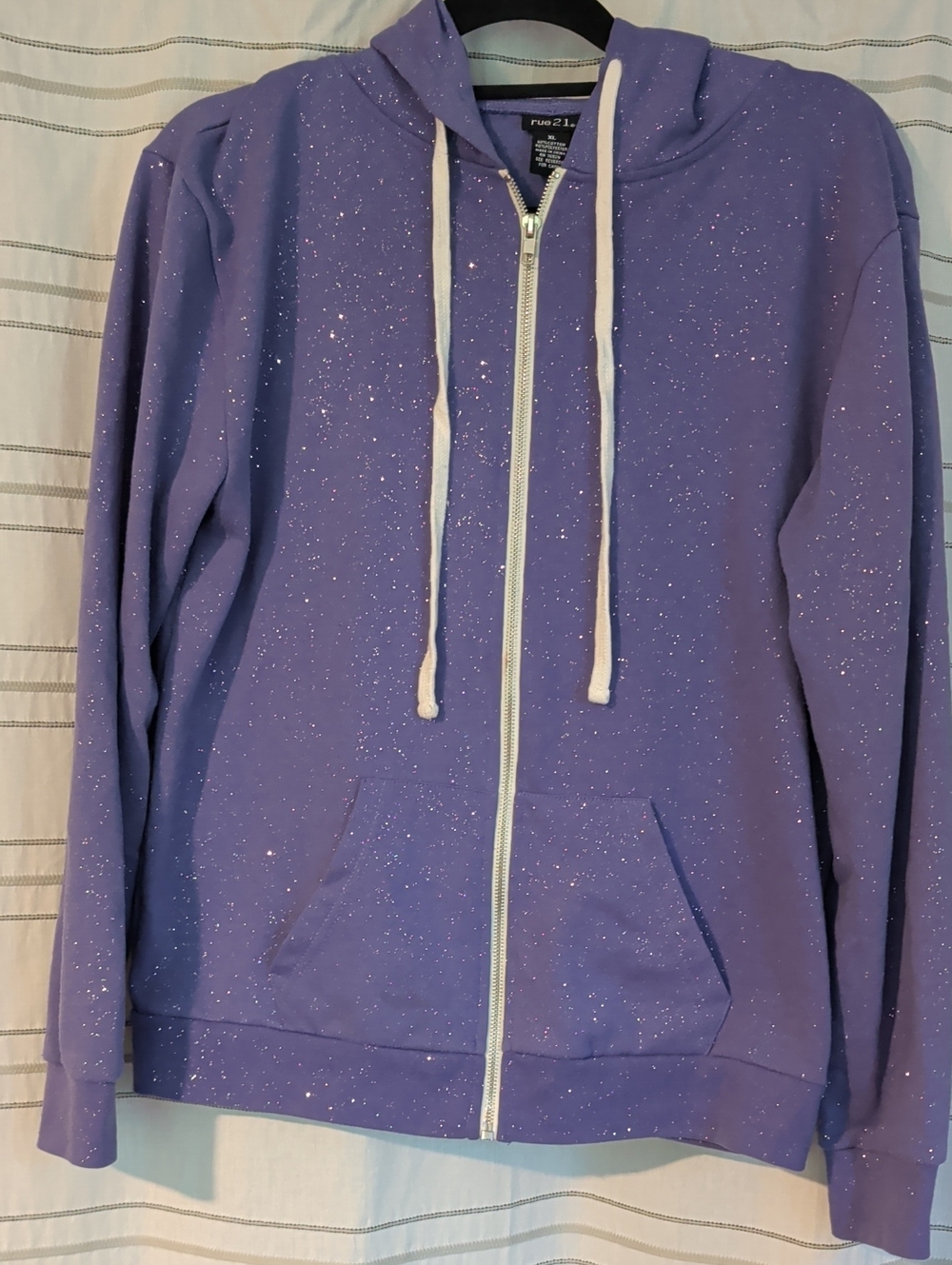 Rue21 Lavender Glitter Zip-Up Hoodie with White Drawstrings